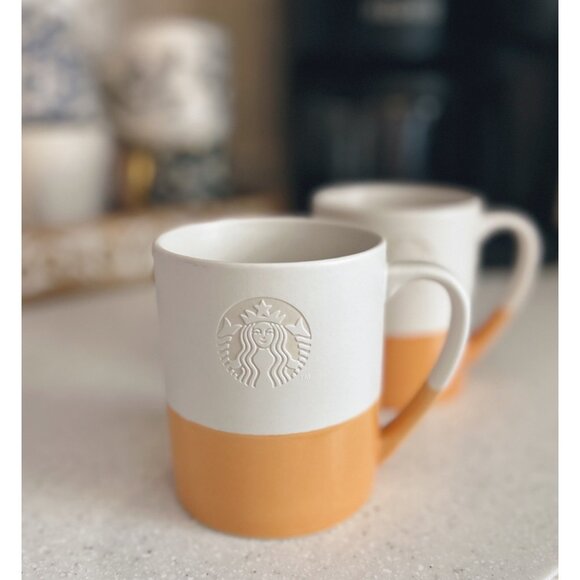Starbucks Other - Starbucks 2014 Lot of 2 Porcelain Mugs Orange Etched Logo 14oz